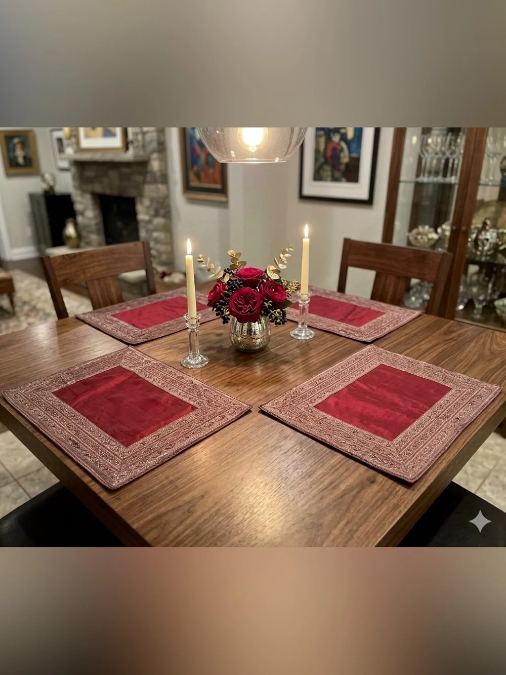 4 Crate & Barrel Renaissance Burgundy Placemats Embroidered Metallic 18x13
